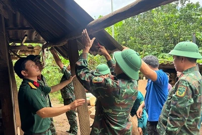 Cán bộ, chiến sĩ Ban Chỉ huy phòng phủ khu vực 4 Mường Ảng và cán bộ, công chức xã Pú Nhung giúp nhân dân tháo dỡ, di chuyển nhà cửa tránh nguy cơ sạt lở nghiêm trọng.