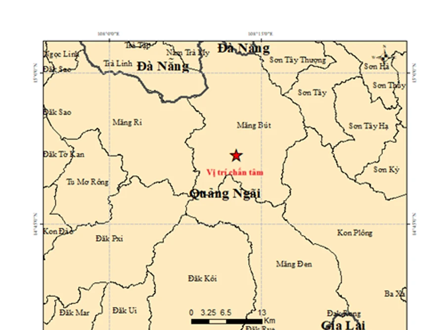 Bản đồ chấn tâm trận động đất có độ lớn 3,9. (Ảnh: Viện Các khoa học Trái đất)