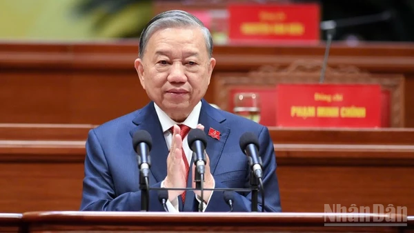 Tổng Bí thư Tô Lâm phát biểu tại phiên bế mạc Đại hội XIV. (Ảnh: THỦY NGUYÊN)