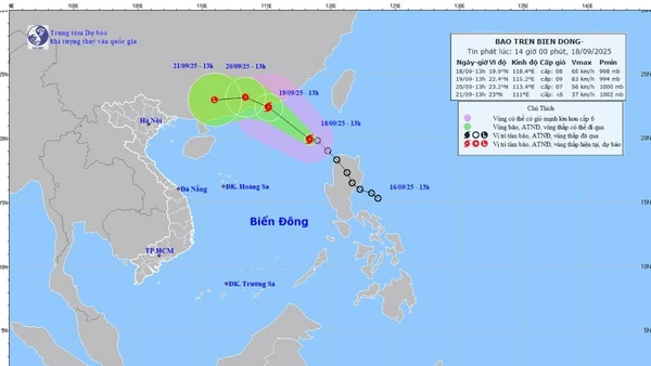 Bản đồ dự báo quỹ đạo và cường độ bão phát lúc 14 giờ ngày 18/9.