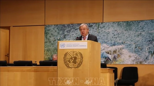Tổng Thư ký Liên hợp quốc António Guterres phát biểu khai mạc Khóa họp 61 của Hội đồng Nhân quyền Liên hợp quốc. (Ảnh: TTXVN)