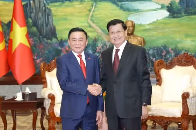 Thường trực Ban Bí thư Trần Cẩm Tú hội kiến Tổng Bí thư, Chủ tịch nước Lào Thongloun Sisoulith. (Ảnh: TTXVN)