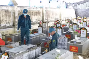 Tổ chức lấy mẫu xác định danh tính liệt sĩ tại nghĩa trang ở phường Uông Bí.
