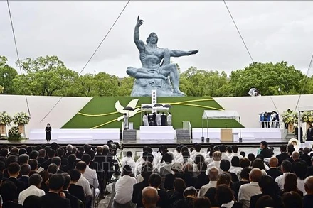 Quang cảnh lễ tưởng niệm 80 năm ngày Mỹ ném bom nguyên tử xuống thành phố Nagasaki, Nhật Bản, ngày 9/8/2024. (Ảnh: TTXVN)