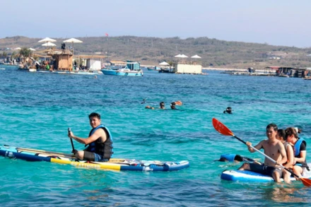 Du khách trải nghiệm lặn biển ngắm san hô, chèo sup tại khu vực Bãi Cạn, Phú Quý. (Ảnh: TTXVN)