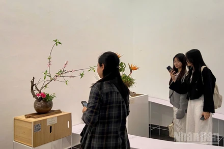 Người dân chiêm ngưỡng các tác phẩm trưng bày tại triển lãm "Gió Đông". (Ảnh: CHIÊU ANH)