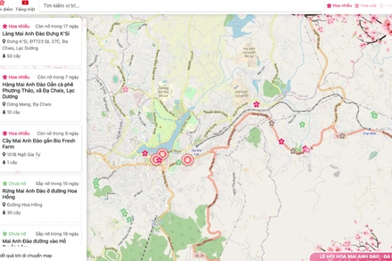 Với bản đồ mai anh đào Đà Lạt số, du khách có thể tra cứu thông tin chính xác về từng địa điểm, trạng thái của từng khu vực hoa nở. (Ảnh chụp màn hình)