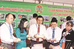 Lãnh đạo Hội Nông dân tỉnh thăm gian hàng trưng bày sản phẩm nông nghiệp.