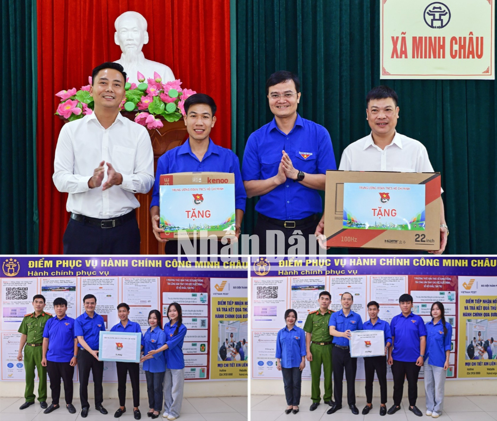 Được biết, các nhóm tình nguyện làm việc cả ban ngày và buổi tối. Trong hai buổi sáng, chiều, các tình nguyện viên túc trực tại trụ sở Ủy ban nhân dân xã Minh Châu. Vào buổi tối, các bạn trẻ lập những tổ công tác thanh niên, cùng cán bộ thôn tới từng hộ dân để hỗ trợ cài đặt các ứng dụng số, hướng dẫn thủ tục hành chính nếu có. (Trong ảnh: các đoàn công tác của Trung ương Đoàn và Thành đoàn Hà Nội trao vật phẩm hỗ trợ đội hình tình nguyện Đoàn Thanh niên xã Minh Châu chiều 7/7 tại địa phương). untitled-3-3025.jpg