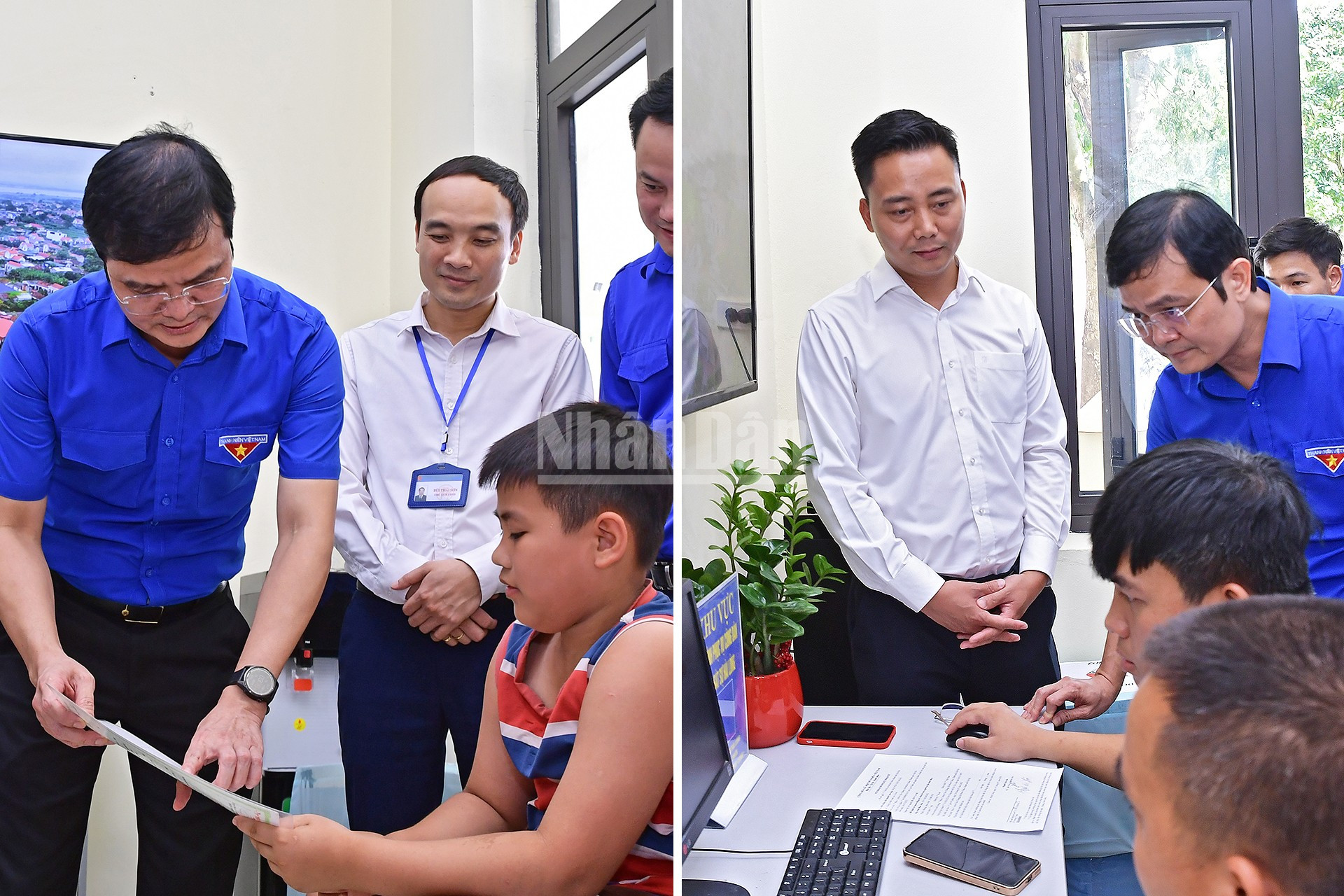 Với tinh thần xung kích, Đoàn Thanh niên xã Minh Châu đã huy động hơn 140 đoàn viên, thanh niên tình nguyện chia theo ca, phân nhóm để vận động, hỗ trợ bà con giải quyết thủ tục hành chính, đăng ký định danh điện tử. Trong ảnh: đồng chí Bùi Quang Huy, Ủy viên dự khuyết Trung ương Đảng, Bí thư thứ nhất Trung ương Đoàn tham gia hỗ trợ người dân và kiểm tra công tác tình nguyện tại xã Minh Châu. ndo_c_untitled-2.jpg
