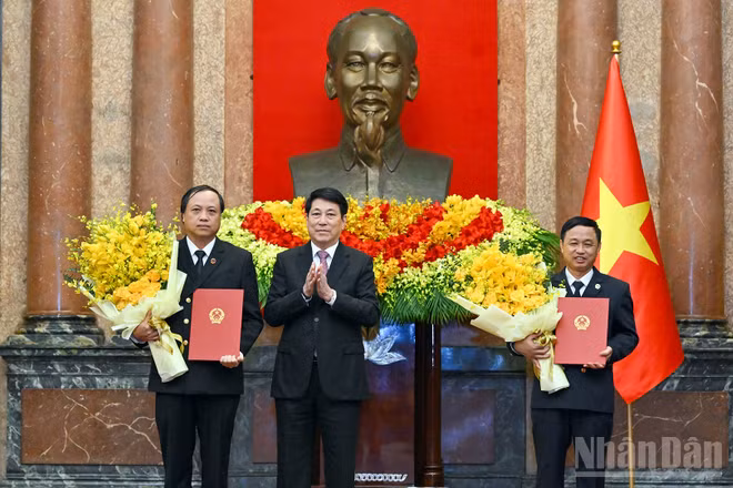 Chủ tịch nước Lương Cường trao Quyết định bổ nhiệm, tặng hoa chúc mừng các đồng chí Lê Tiến và Nguyễn Biên Thùy.