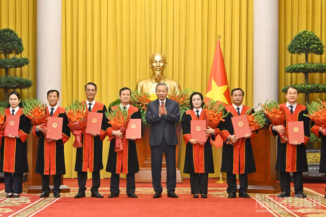 Tổng Bí thư, Chủ tịch nước Tô Lâm trao Quyết định bổ nhiệm chức danh Thẩm phán Tòa án nhân dân tối cao cho các đồng chí được bổ nhiệm.