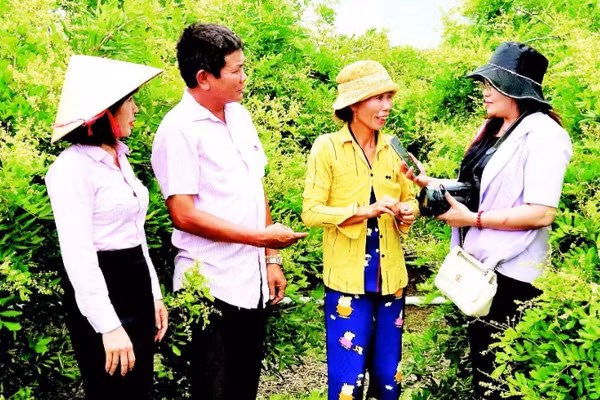 Phóng viên báo chí tìm hiểu mô hình sử dụng hiệu quả nguồn vốn tín dụng chính sách tại xã biên giới Ia Lốp, tỉnh Đắk Lắk.