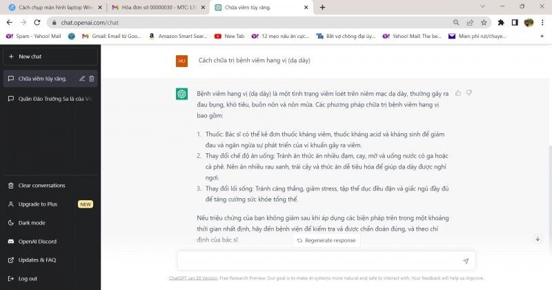 Một trong những kết quả giải đáp của ChatGPT về cách chữa bệnh dạ dày. 