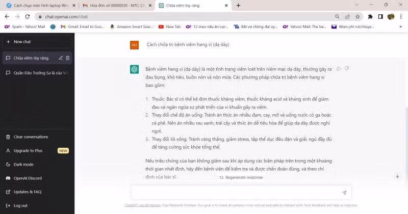 Một trong những kết quả giải đáp của ChatGPT về cách chữa bệnh dạ dày. 