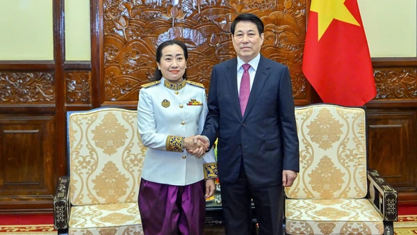 Chủ tịch nước Lương Cường tiếp Đại sứ đặc mệnh toàn quyền Vương quốc Campuchia. (Ảnh: THỦY NGUYÊN)