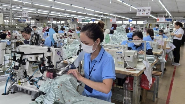 May quần áo xuất khẩu tại Nhà máy may Hòa Thị, tỉnh Quảng Ngãi. (Ảnh: MINH KHÔI)