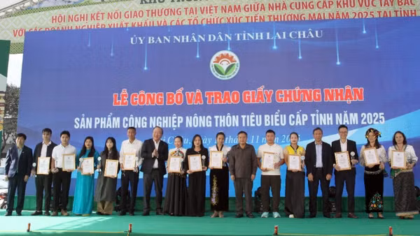 Trao chứng nhận sản phẩm công nghiệp nông thôn tiêu biểu cấp tỉnh năm 2025 tại buổi khai mạc.