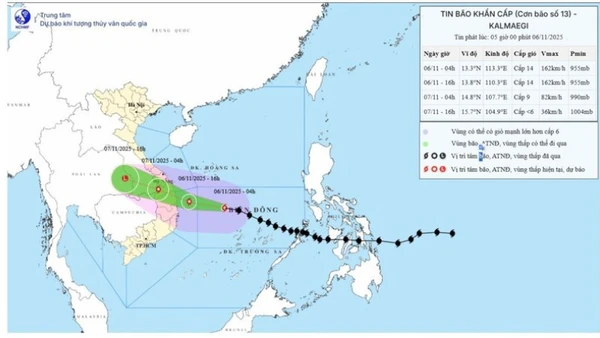 Bản đồ dự báo quỹ đạo và cường độ bão số 13 (Kalmaegi) phát lúc 5 giờ sáng 6/11/2025. (Nguồn: Trung tâm Dự báo khí tượng thủy văn quốc gia)