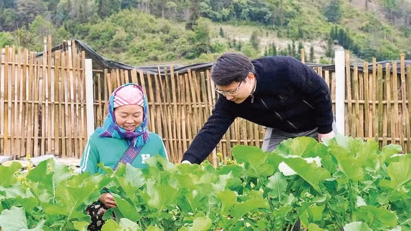 Phó Bí thư Thường trực Đảng ủy xã Tả Củ Tỷ Bùi Văn Vinh (áo đen) hướng dẫn người dân chăm sóc vườn rau hộ gia đình.