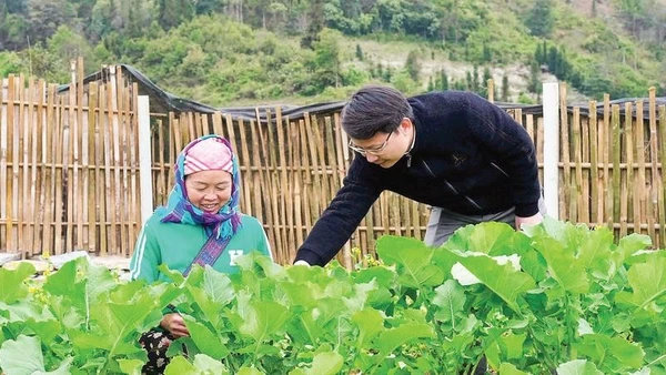 Phó Bí thư Thường trực Đảng ủy xã Tả Củ Tỷ Bùi Văn Vinh (áo đen) hướng dẫn người dân chăm sóc vườn rau hộ gia đình.