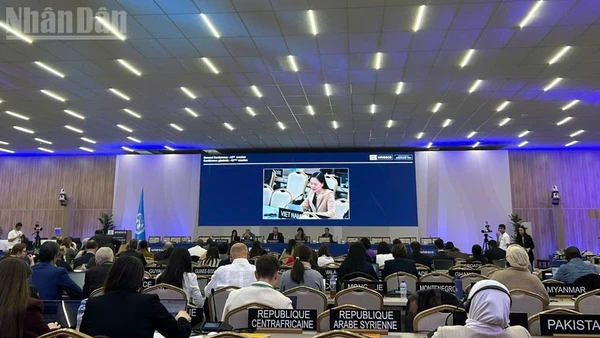 Đại sứ Nguyễn Thị Vân Anh, Trưởng Phái đoàn Thường trực Việt Nam bên cạnh UNESCO, giới thiệu dự thảo Nghị quyết khuyến nghị Đại hội đồng Liên hợp quốc xem xét phát động “Thập kỷ quốc tế về Văn hóa vì phát triển bền vững”. (Ảnh: KHẢI HOÀN - MINH DUY)