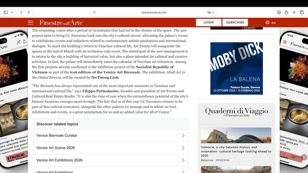 Ảnh chụp màn hình bài báo Ý về triển lãm mỹ thuật Việt Nam tại cung điện lịch sử hơn 500 năm tuổi Ca' Giustinian Faccanon.