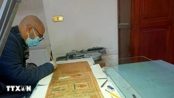 Chuyên gia Phòng thí nghiệm Bảo tồn Giấy cói của bảo tàng đang phục chế cuộn giấy cói của người ghi chép User-Hat-Mes. (Ảnh: TTXVN)