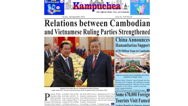 Trang nhất Báo Kampuchea số ra ngày 2/9. (Ảnh chụp màn hình)
