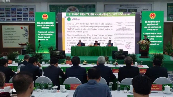 Toàn cảnh Hội nghị “Thúc đẩy đột phá nghiên cứu khoa học, công nghệ, đổi mới sáng tạo gắn với đào tạo của các viện, trường thuộc Bộ Nông nghiệp và Môi trường”.