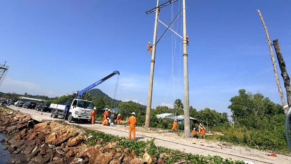 Ngành điện gấp rút triển khai xây dựng tạm đoạn tuyến trên không với khoảng năm trụ (tính từ trụ đấu nối cáp ngầm tiếp bờ hiện hữu) đến vị trí điểm sự cố.