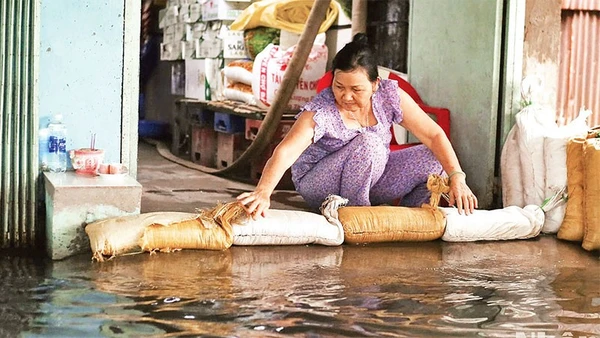 Người dân khu vực Bến Phú Định (Quận 8 cũ) dùng bao cát ngăn nước triều dâng vào những tháng cuối năm. (Ảnh THẾ ANH)