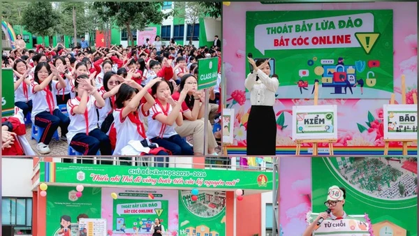 Chương trình giáo dục kỹ năng sống “Thoát bẫy lừa đảo - Bắt cóc online” hưởng ứng chiến dịch "Không Một Mình" của thầy và trò Trường liên cấp Lômônôxốp Tây Hà Nội. (Ảnh: QUANG HUY)