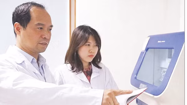 Giáo sư, Tiến sĩ Nguyễn Huy Hoàng hướng dẫn đồng nghiệp kiểm tra kết quả ứng dụng công nghệ WES phân tích gen mã hóa protein trên hệ gen người.(Ảnh: MINH ĐỨC)