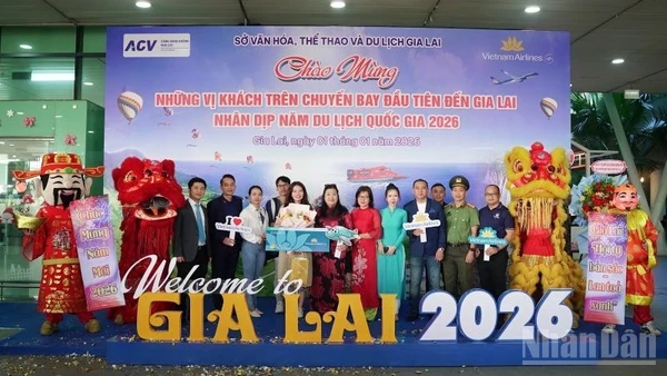 Những hành khách quốc tế đầu tiên tới Thành phố Hồ Chí Minh năm 2026 trên chuyến bay VN30 từ Frankfurt (Đức) hạ cánh tại Cảng hàng không quốc tế Tân Sơn Nhất.