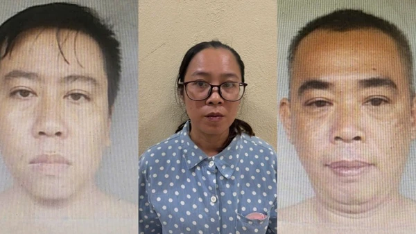 Các bị can: Khổng Đức Hồng, Bùi Thị Mộng Thu, Nguyễn Đức Khánh (từ trái qua). (Ảnh: Công an cung cấp)