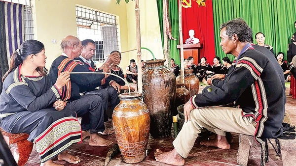  Người Mnông vui uống rượu cần trong lễ dạm ngõ.