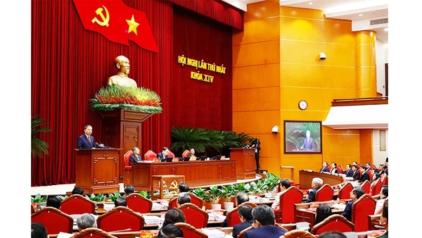 Tổng Bí thư Tô Lâm phát biểu tại Hội nghị lần thứ nhất Ban Chấp hành Trung ương Đảng khóa XIV. Ảnh: TTXVN