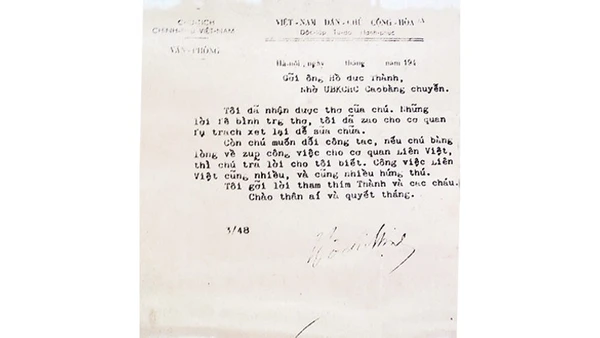 Thư Chủ tịch Hồ Chí Minh gửi cụ Hồ Đức Thành (tháng 3/1948). Tư liệu gia đình