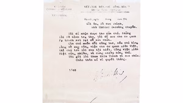 Thư Chủ tịch Hồ Chí Minh gửi cụ Hồ Đức Thành (tháng 3/1948). Tư liệu gia đình