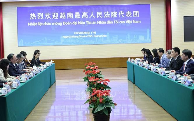 Đoàn đại biểu cấp cao Tòa án nhân dân tối cao Việt Nam (phải) làm việc với Tòa án nhân dân cấp cao tỉnh Quảng Đông (Trung Quốc). (Ảnh: Công Tuyên/TTXVN) 