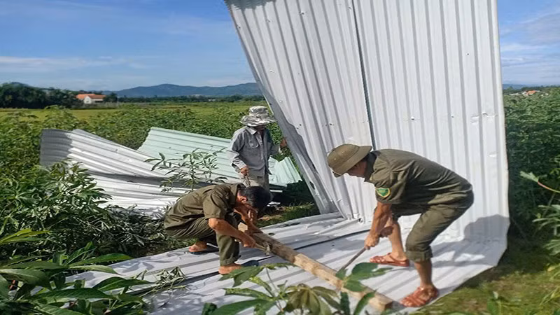 Lực lượng Công an xã hỗ trợ người dân khắc phục hậu quả do lốc xoáy gây ra.