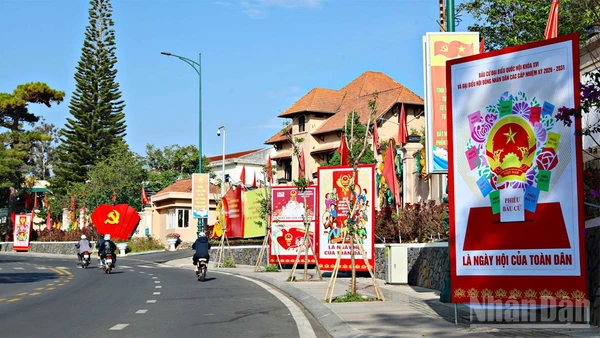 Phố phường khu vực Lâm Đồng ngàn hoa rực rỡ cờ hoa, pa-nô chào mừng ngày hội non sông.