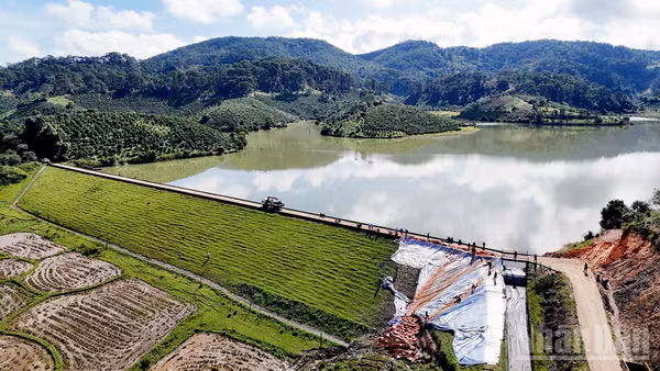 Khu vực xảy ra sạt trượt tại đập chính hồ thủy lợi Cay An đã được lực lượng chức năng xử lý đóng cừ tràm, gia cố đất và phủ bạt. 