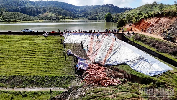 Khu vực xảy ra sạt trượt vai đập chính hồ thủy lợi Cay An đã được các lực lượng chức năng xử lý tạm thời.