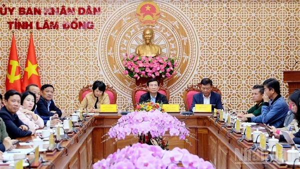 Lãnh đạo tỉnh và sở, ngành địa phương dự họp về tình hình khắc phục thiên tai và triển khai công tác ứng phó bão số 15 tại điểm cầu Lâm Đồng.