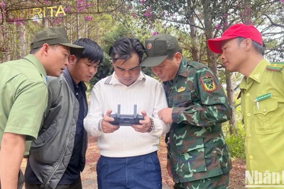 Lãnh đạo thành phố Đà Lạt và cơ quan chức năng quan sát hình ảnh kiểm tra rừng trên thiết bị flycam.