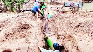 Cán bộ, chiến sĩ Đồn Biên phòng Mỹ Lý, tỉnh Nghệ An cùng các lực lượng tại chỗ giúp đỡ nhân dân trên địa bàn.