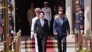 Tổng thống Ai Cập Abdel Fattah El-Sisi đón Chủ tịch nước Lương Cường. (Ảnh: Lâm Khánh/TTXVN)