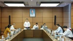 Đại biểu Quốc hội thảo luận tại tổ về việc sắp xếp đơn vị hành chính cấp tỉnh năm 2025. (Ảnh: DUY LINH)